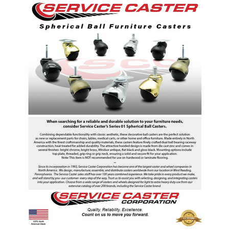 Service Caster 2 Inch Bright Brass Hooded 5/16 Inch Threaded Stem Ball Caster SCC, 4PK SCC-TS01S20-POS-BB-516-4